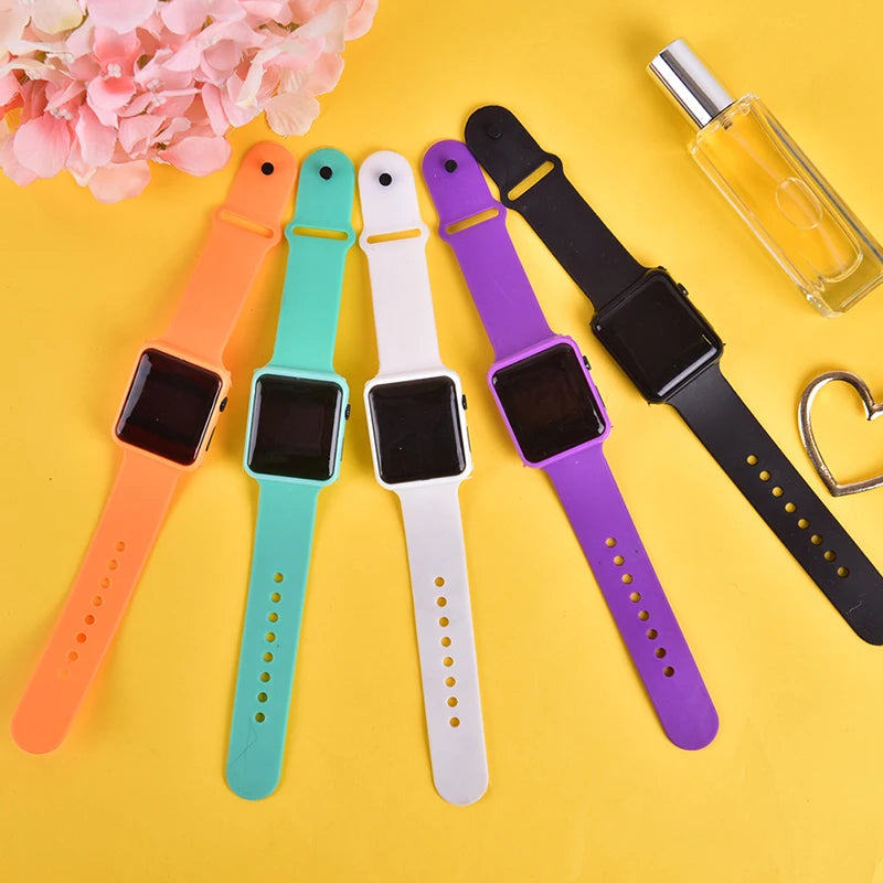 Square Silicone Digital Watch Red LED Watches Metal WristWatch Sport Clock Hours