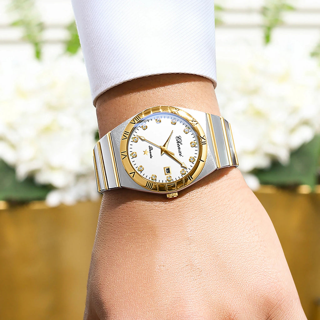 CHENXI Watches For Men Sweep Second Movement See-through Quartz, Waterproof Mens Watch Stainless Steel Golden Wristwatches
