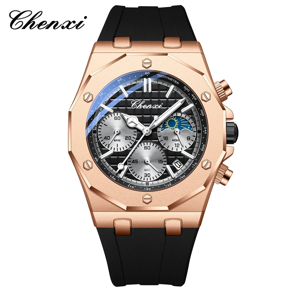 CHENXI Sports Multi-functional Silicone Man Watch Calendar Waterproof Quartz Men Watches Chronograph Moon Phase Men's Wristwatch