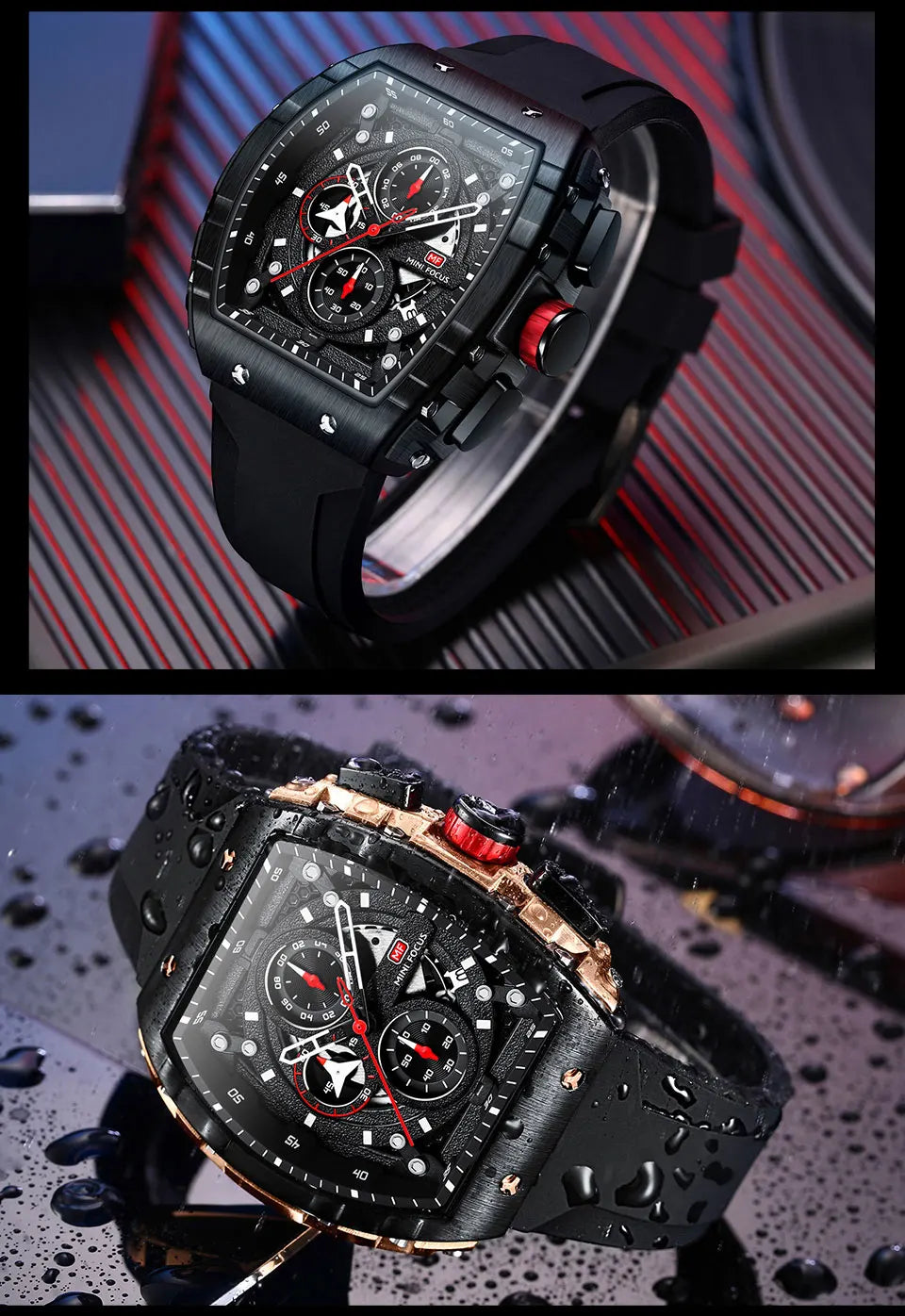 MINI FOCUS Chronograph Quartz Watches for Men Military Sport Silicone Strap Waterproof Wristwatch with Tonneau Dial Auto Date
