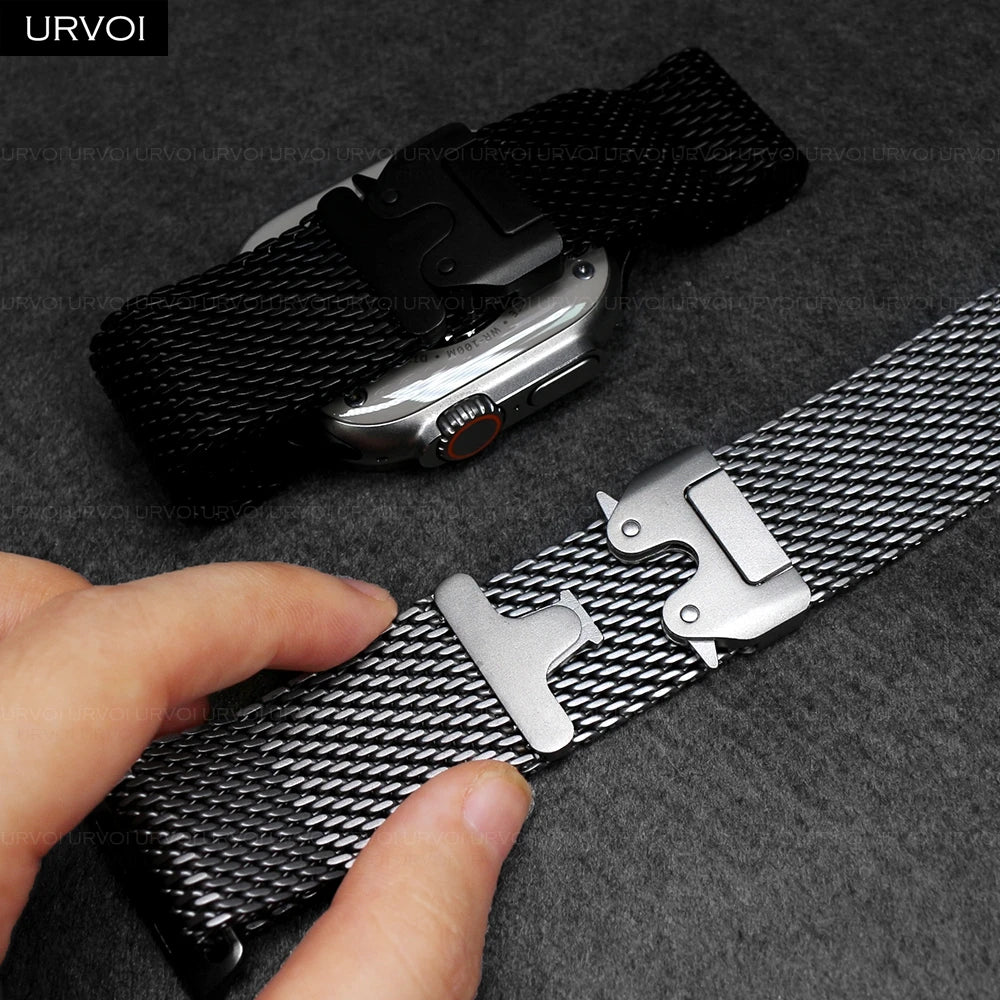 URVOI Band for Apple Watch Ultra 3 2 Series 11 10 9 8 SE stainless steel mesh strap for iWatch secure parachute buckle 46 49mm