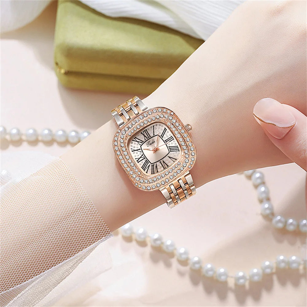 Ladies 2024 Square Roman Star Quartz Watch with Diamonds Stainless Steel Business Woman Clock Gift Wristwatch