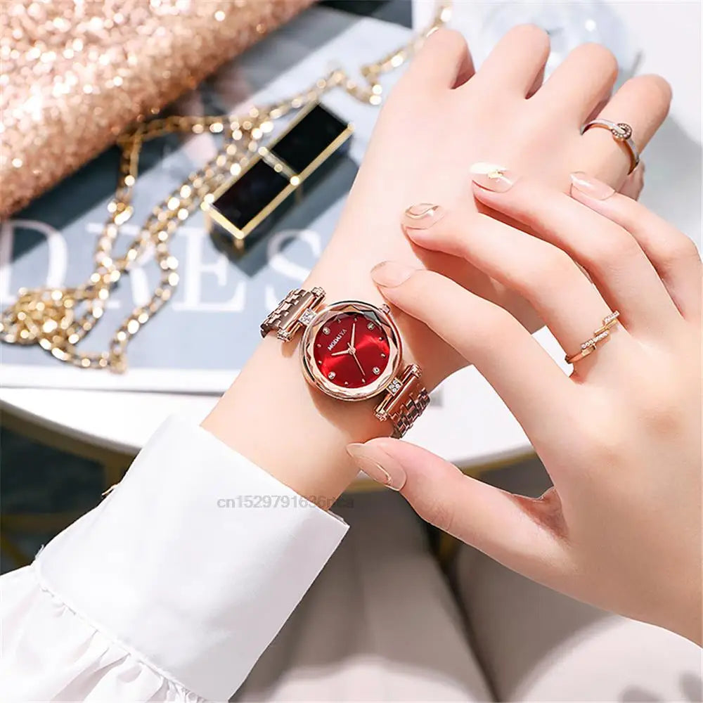 Luxury 2022 Branded Refined Ladies' Diamond-set Red Alloy Quartz Watch Fashion Women Plating Stainless Steel Strap Gift Clock