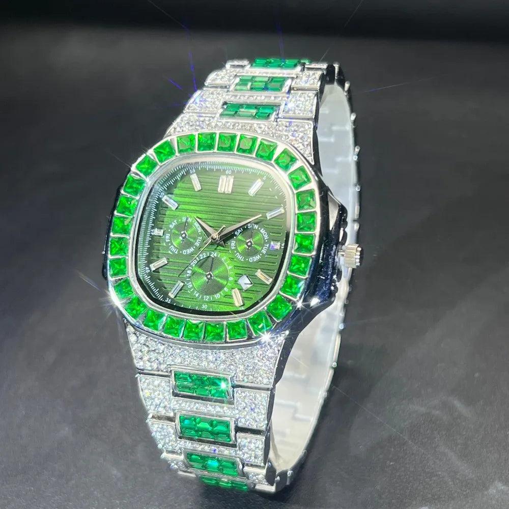 MISSFOX Luxury Watch For Men Green Sliver IcedOut Diamond Hip Hop Quartz Waterproof Clock Men Square Diamond Male Watch 2025 New