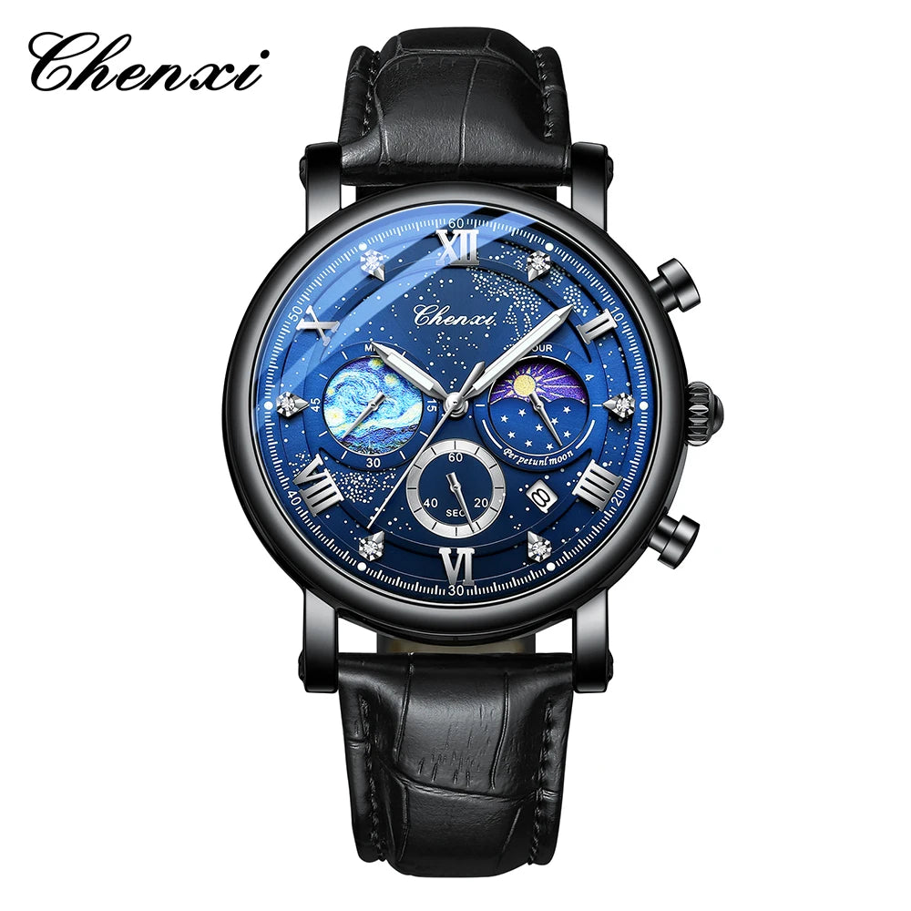 CHENXI Multi-functional Fashion Men's Watches Luminous Moon Phase Chronograph Men Wristwatches Calendar Quartz Watch For Man