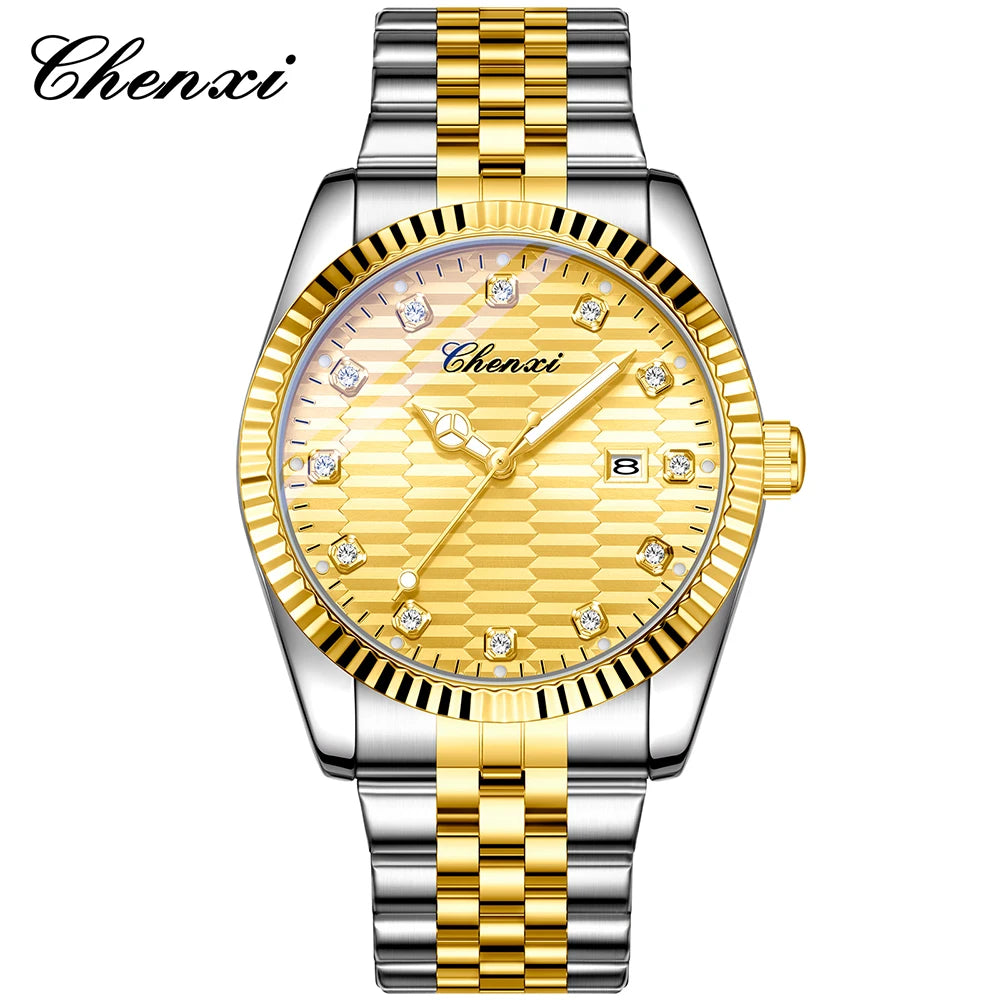 CHENXI Man Watch Classic Fashion Gold Quartz Steel Strap Watches Men Diamond-Set Round Luminous Water-Resistant Date