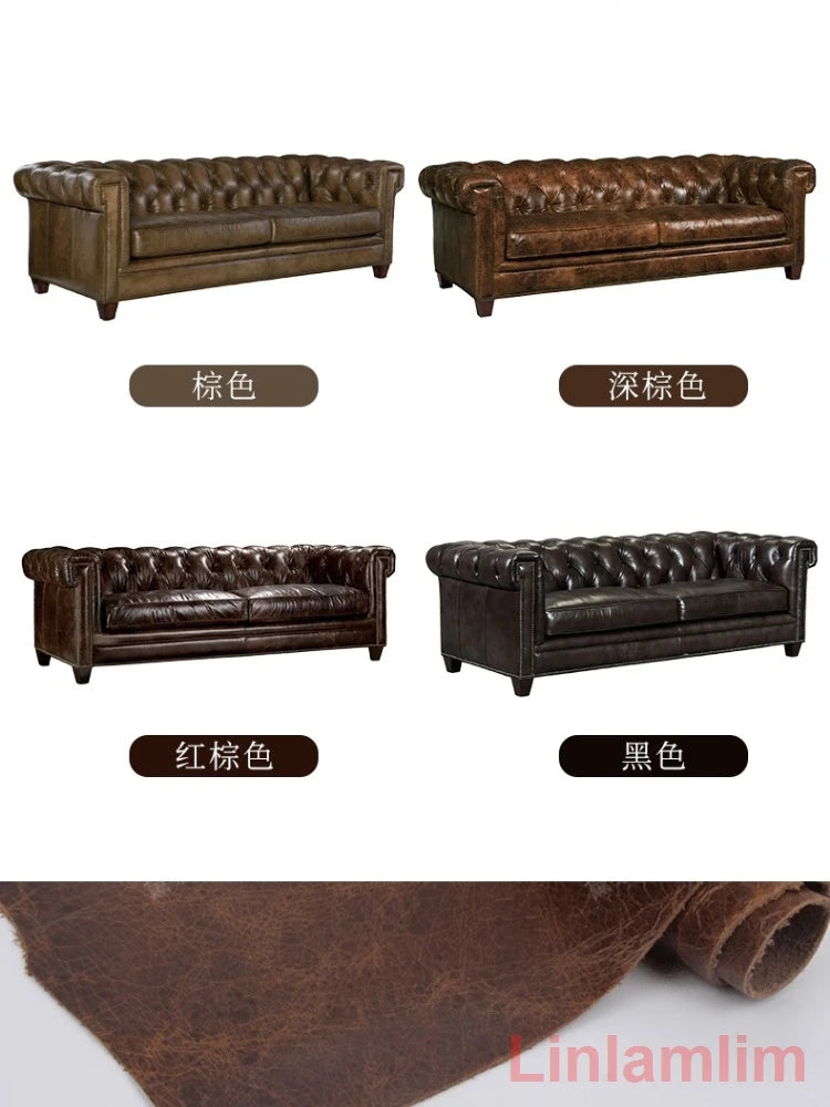 Classic Tufted Couch – Luxury Genuine Leather Chesterfield Sofa 3-Seater with Rolled Arms and Nailhead Trim, for Living Room