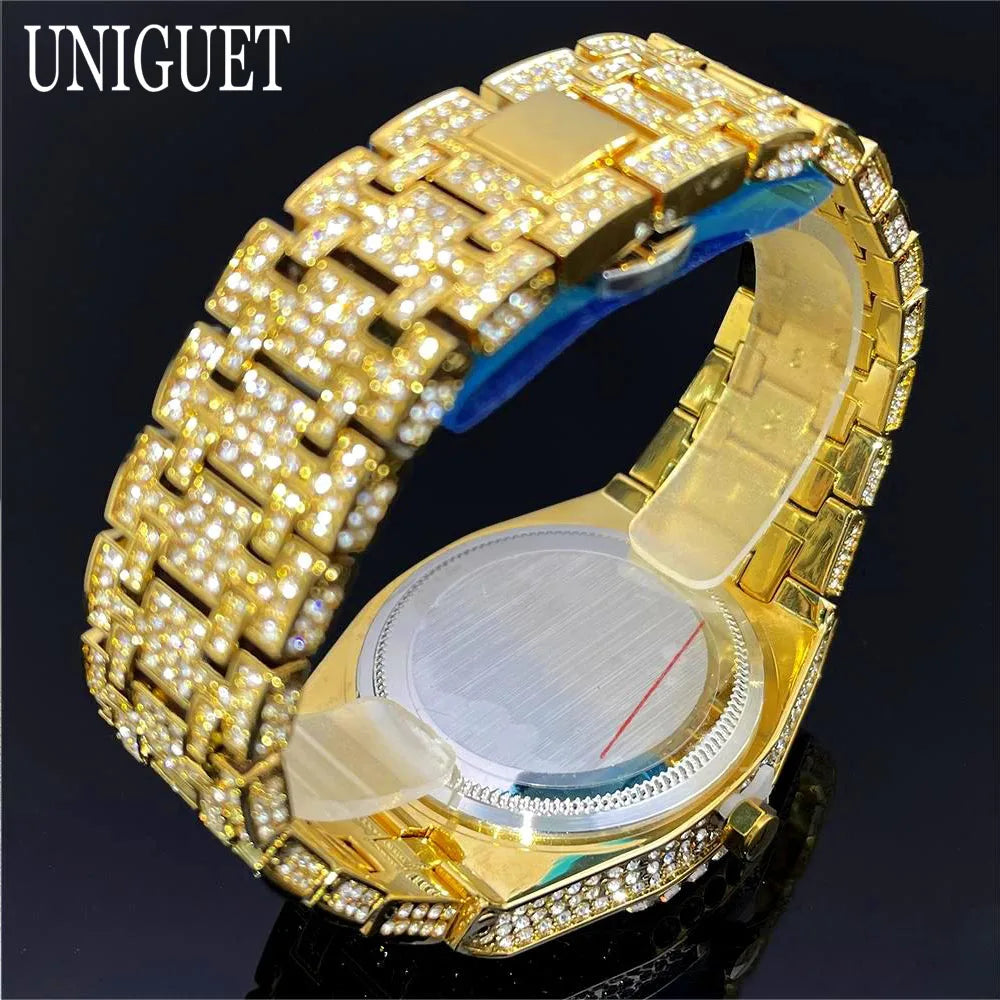 2025 New Luxury Brand UNIGUET Iced Watch For Men Fashion Hip Hop Diamond Waterproof Stainless Steel Wristwatch Male Dropshipping