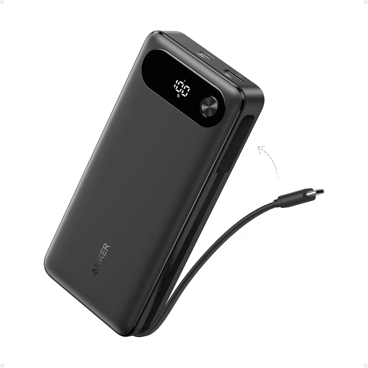 Anker Power Bank, 20,000mAh Travel Essential Portable Charger with Built-in USB-C Cable, 3-Port 87W Max Fast Charging Battery Pa