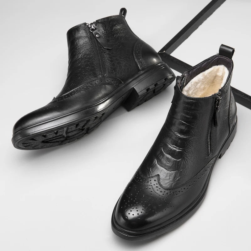 Genuine Leather Men Side Zipper Ankle Boots 2023 Men Winter Plush Snow Boots Fashion Men Casual Low Top Shoes All-match Men Shoe