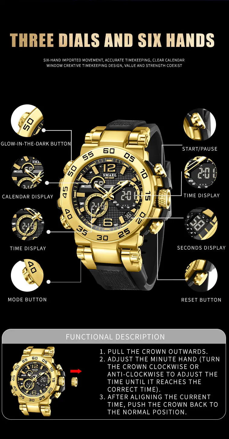 SMAEL 8106 Men's Analog Digital Dual Display Sport Watch - 50M Waterproof LED Backlight Alarm Chronograph Stopwatch