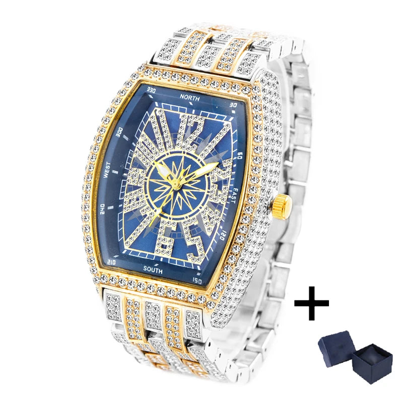 Luxury Gold Watches Men Brand MISSFOX Fashion Hip Hop lce Diamond Sun Pattern Literal Quartz Wristwatch Male Dropshipping Hot