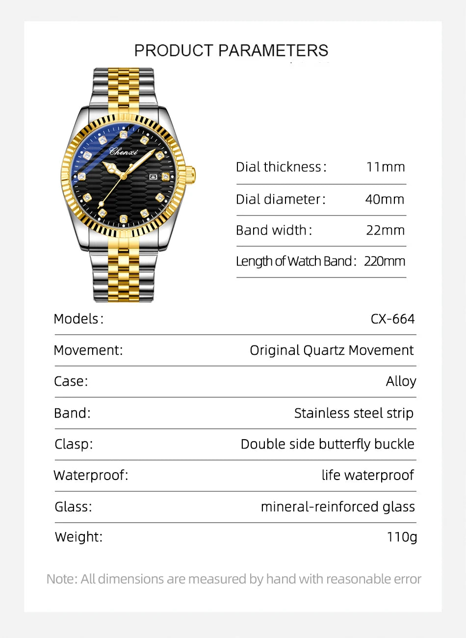 CHENXI Man Watch Classic Fashion Gold Quartz Steel Strap Watches Men Diamond-Set Round Luminous Water-Resistant Date