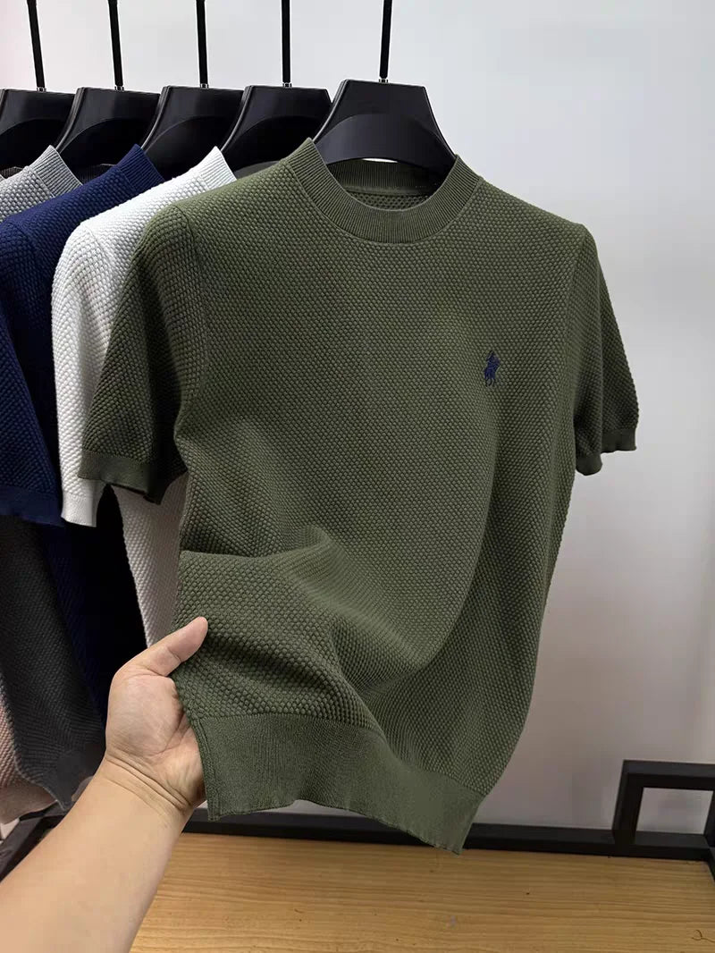 Luxury 100% cotton knitted short sleeve T-shirt high-end brand pony embroidery summer solid color  men's casual round neck top