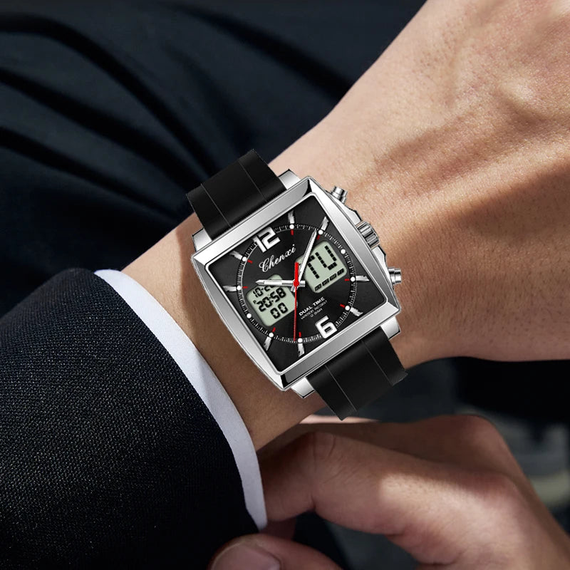 Fashion Casual Men Sports Watch Square Dial Dual Time CHENXI Watches Silicone Strap Waterproof Multifunction Wristwatch Male