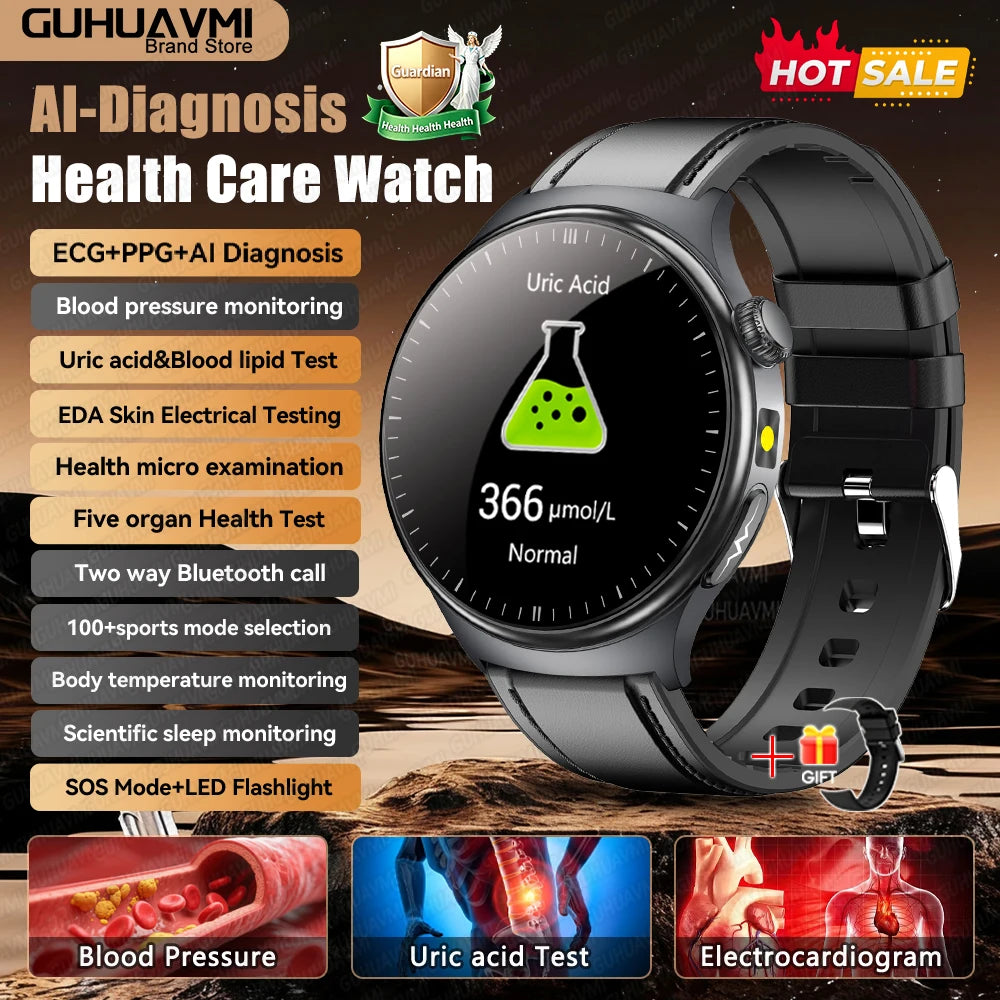 Newly Upgared Precise Health Diagnosis Smart Watch ECG Uric Acid Blood Pressure Micro Physical Examination Clock For Android iOS