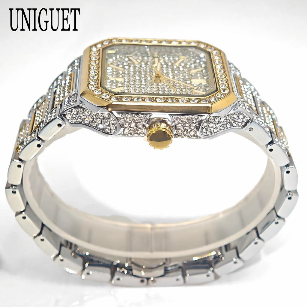 2025 New Black Iced Watch For Men Brand UNIGUET Fashion Waterproof Quartz Watch Man Hip Hop Diamond Jewelry Square Wristwatch
