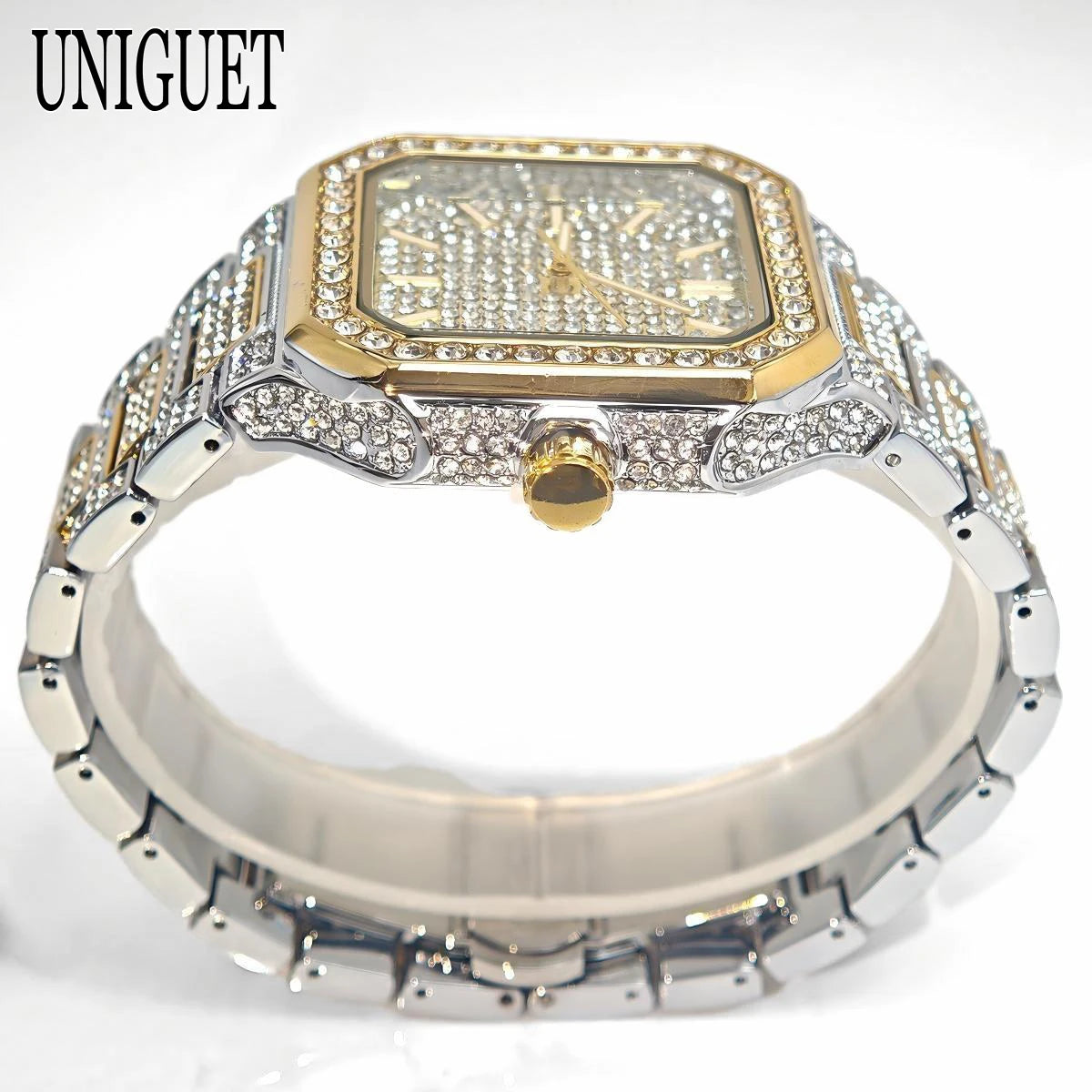 2025 New Black Iced Watch For Men Brand UNIGUET Fashion Waterproof Quartz Watch Man Hip Hop Diamond Jewelry Square Wristwatch