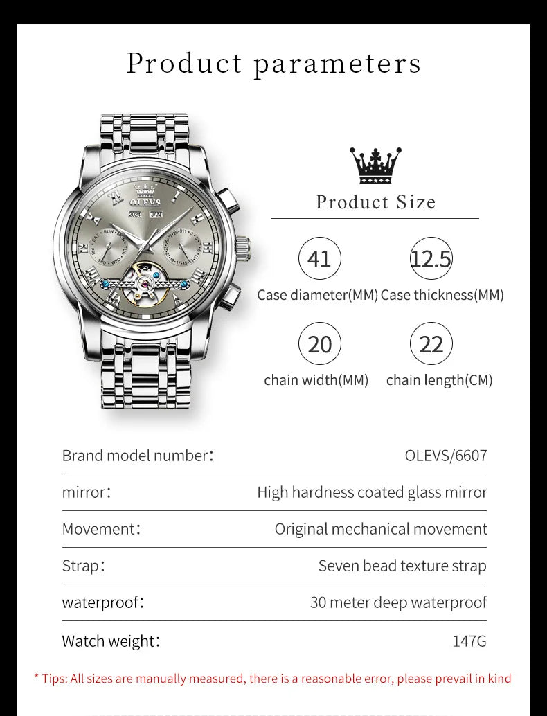 OLEVS 6607 Fully Automaitc Watches Stainless Steel Skeleton Flywheel Dual Calendar Top Luxury Brand Men's Mechanical Wristwatch