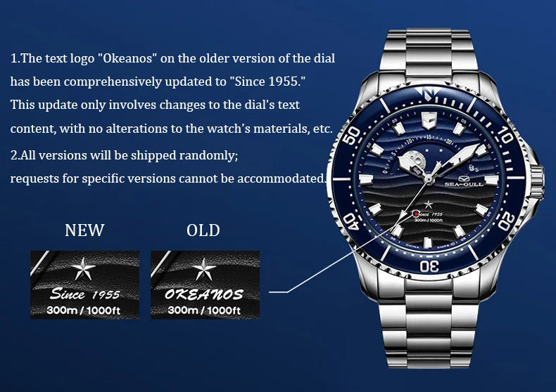 Seagull 43.5mm Diving Watch 300M Waterproof Automatic Mechanical Wristwatch Moon Phase Luminescent Men Watches 1215 New 2025