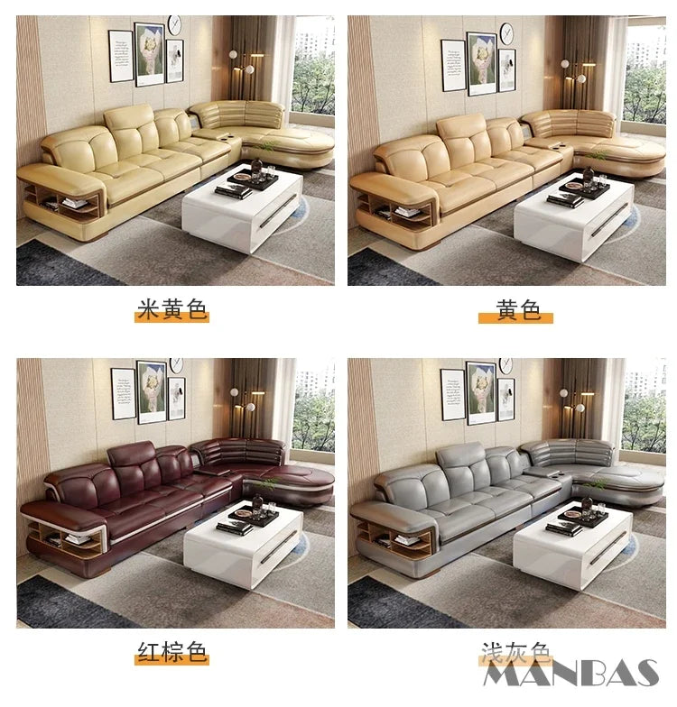 MANBAS Luxury L-Shaped Genuine Leather Sectional Sofa Sets with USB, Bluetooth Speaker - Living Room Italian Leather Couches