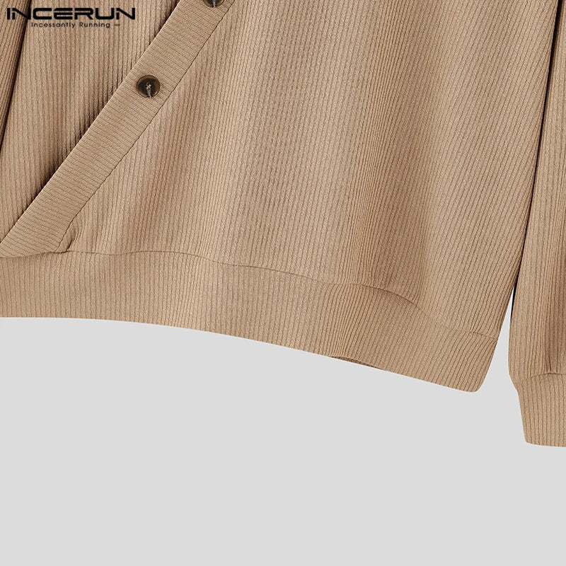 Autumn Stylish Men Tops INCERUN Hot Sale Texture Diagonal Sweater Casual Streetwear Solid V-neck Long Sleeved Sweater S-5XL 2024
