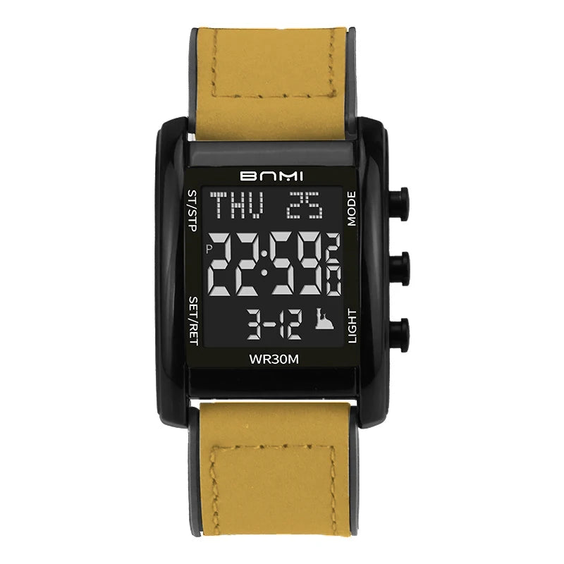 BNMI Men's Digital Watch Multifunctional Square Electronic Man Watches Luminous Weekly LED Display Alarm Stopwatch