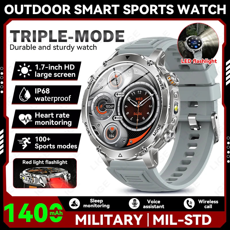 LIGE 2026 Military 1400mAh Battery Smart Watch Men Outdoor Flashlight IP68 Waterproof Heart Rate Bluetooth Call Sports Bracelet