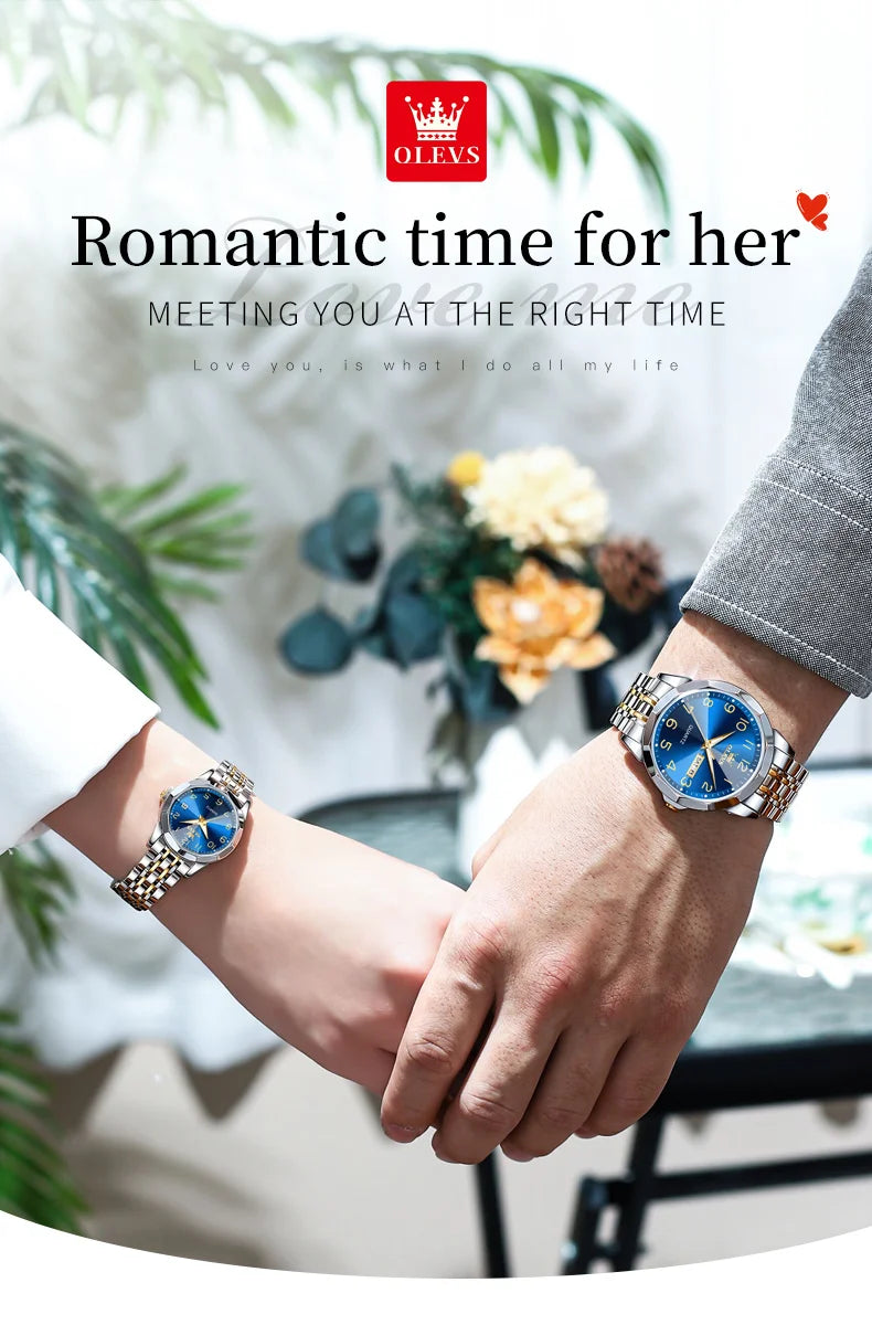 OLEVS 9970 Couple Watch For Men Women Luxury Number Dial Rhombus Mirror Quartz Hand Clock Stainless Steel Original Dress Watches