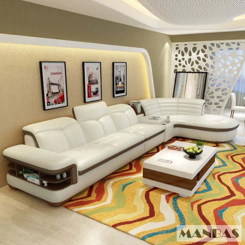 MANBAS Luxury L-Shaped Genuine Leather Sectional Sofa Sets with USB, Bluetooth Speaker - Living Room Italian Leather Couches