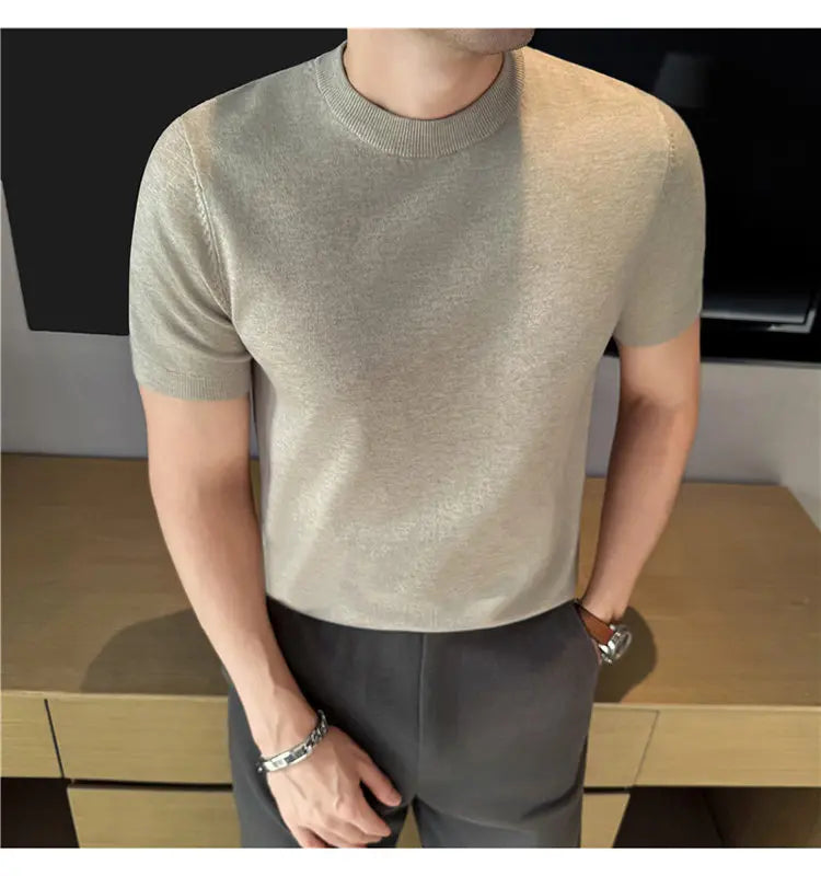 High-quality Men's Short-sleeve Knitted Sweater T-shirt O-Neck Solid Color Men Pullover T Shirts Slim Fit Stretch Undershirt Top