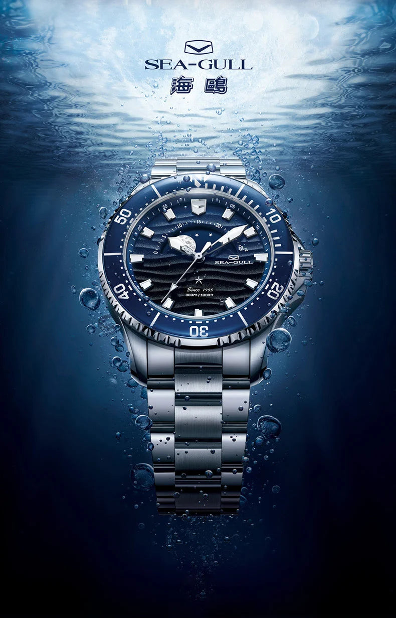 Seagull 43.5mm Diving Watch 300M Waterproof Automatic Mechanical Wristwatch Moon Phase Luminescent Men Watches 1215 New 2025