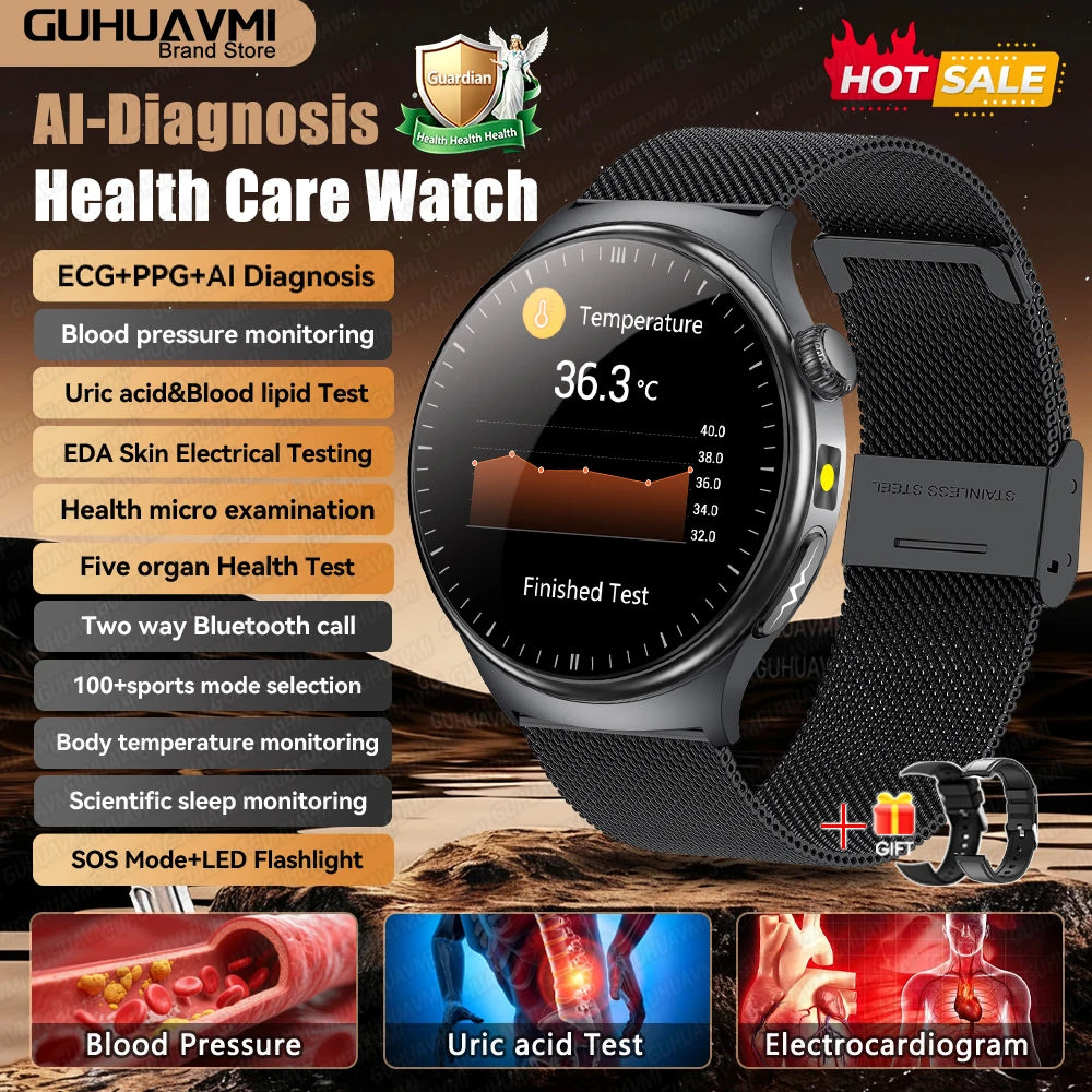 Newly Upgared Precise Health Diagnosis Smart Watch ECG Uric Acid Blood Pressure Micro Physical Examination Clock For Android iOS