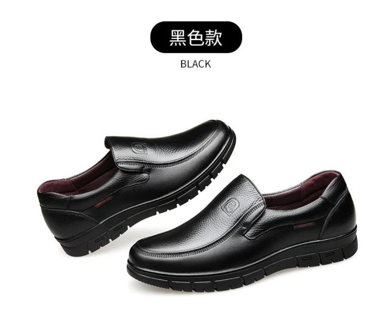 Mens Black Genuine Leather Slip On Loafers Soft Cushioned Sole Comfortable Business Casual Shoes For Middle Aged Dad Daily