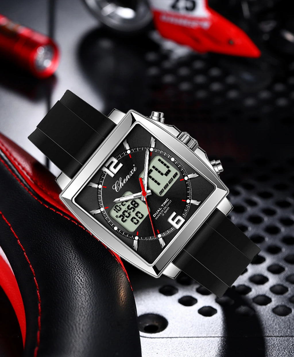 Fashion Casual Men Sports Watch Square Dial Dual Time CHENXI Watches Silicone Strap Waterproof Multifunction Wristwatch Male