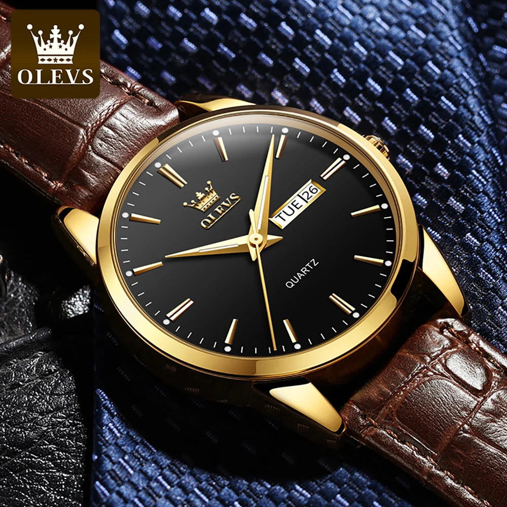 OLEVS  6898 Top Brand Quartz Watch for Men Leather Strap Waterproof Wristwatch Date Week Display Popular Casual Dress Men Watch