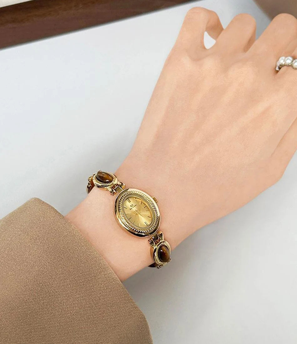 Women's Gold Watch Vintage Brown Jade Bracelet Small Dial Quartz Daily Wear Party Clock Luxury Waterproof Ladies Watches Gifts