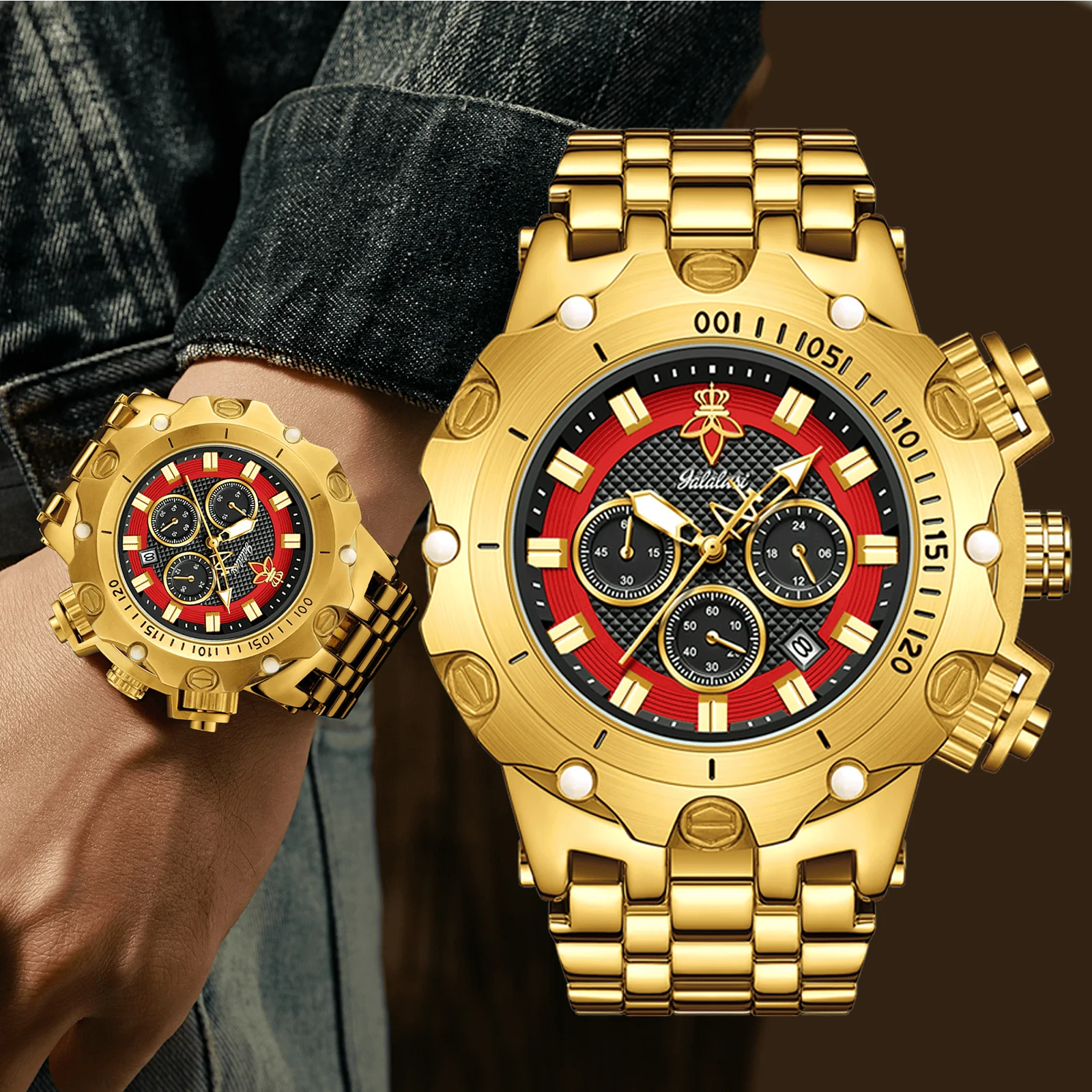 YaLaLuSi Men's Multifunctional Luxury Watch, Gold Strap with Atmospheric Dial, Fashionable and Practical Gift box