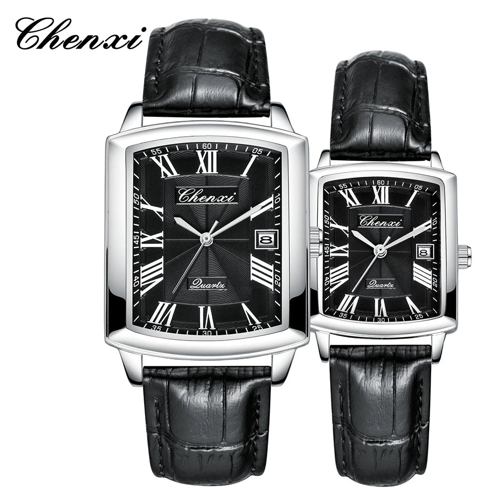 CHENXI Quartz Couple Watches Fashion Casual Rectangle Dial Alloy Man Woman Watch Luminous Calendar Couples Watch