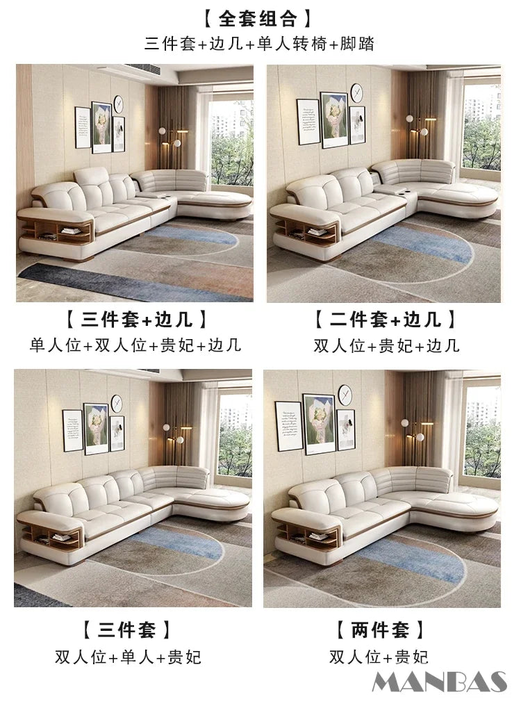 MANBAS Luxury L-Shaped Genuine Leather Sectional Sofa Sets with USB, Bluetooth Speaker - Living Room Italian Leather Couches