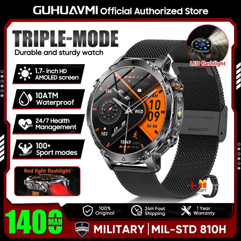 2026 New Military Smart Watch Men 1400mAh Battery 1.7-Inch AMOLED Sport GPS Track Bluetooth Call Rate Smartwatch For Android IOS