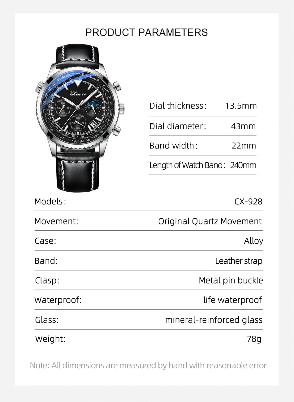 CHENXI Fashion Business Watches For Man Round Dial Black Leather Band Men's Watches Luminous Waterproof Man Watch