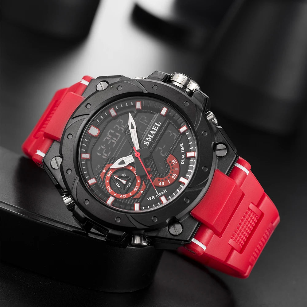 Quartz Watch For Men SMAEL Wristwatches Watcholorful Red Bracelet 50M Waterproof Alarm Clock Analog Digitals 8060 Sport Watches