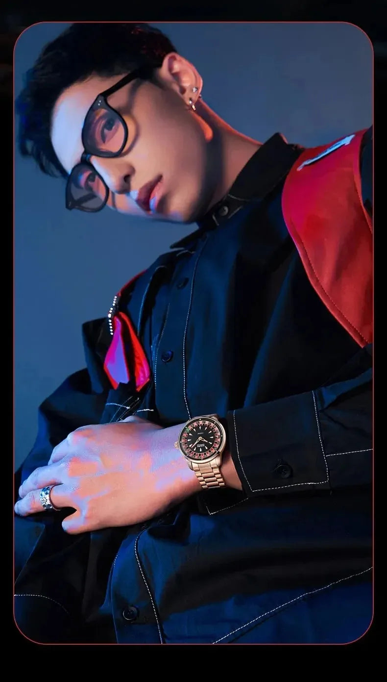 Mark Fairwhale 2025 New Fashion Men Quartz Watch Arabic numerals Rotating Dial Roulette Luminous Waterproof Men's Wristwatch