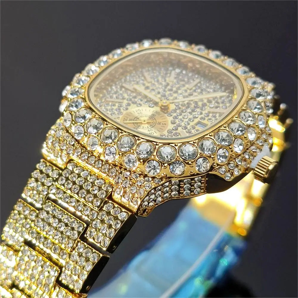Hot Sell Luxury Iced Watch Mens Fashion Stainless Steel Gold Wristwatch Hip Hop Diamond Bling Jewelry Watch For Man Reloj Hombre