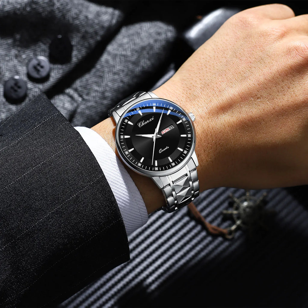 CHENXI Top Brand Fashion Men's Watch Convex Mirror Waterproof Night Light Date Calendar Stainless Steel Strap Quartz Watches NEW