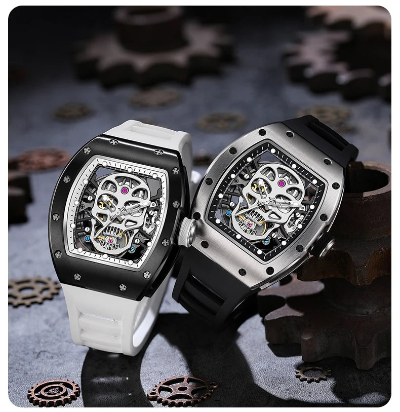 Unique Men Watch Tonneau Casual Wristwatch Soft Silicon Band Fashion Men's Wrist Watches Hollow Out Analog Automatic Watches