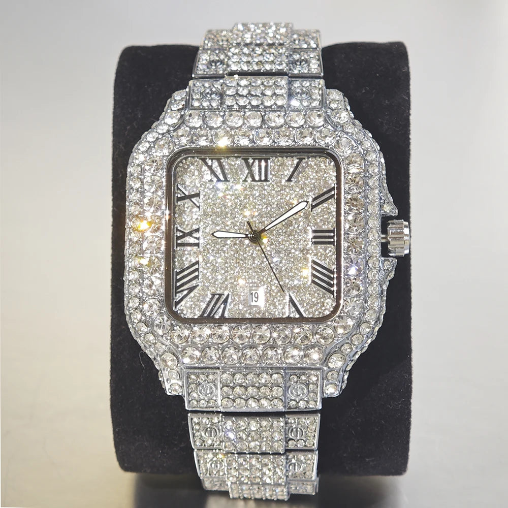 UNIGUET Cool Men's Watch Luxury Stainless Steel Quartz Watch Hip Hop Black Diamond Square Design Fashion Iced Wristwatch for Men