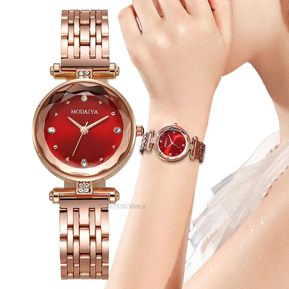 Luxury 2022 Branded Refined Ladies' Diamond-set Red Alloy Quartz Watch Fashion Women Plating Stainless Steel Strap Gift Clock