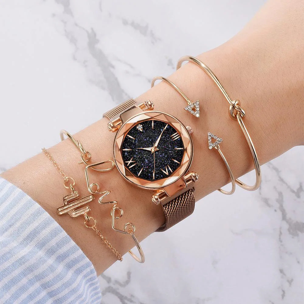 5pcs Set Womens Watches Set Ladies Fashion Watch Black Female New Simple Casual Womens Analog WristWatch Bracelet Gift No Box